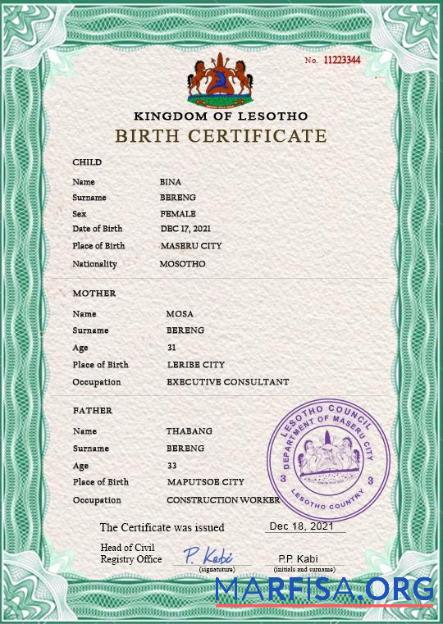 Printable Lesotho vital record birth certificate PSD template